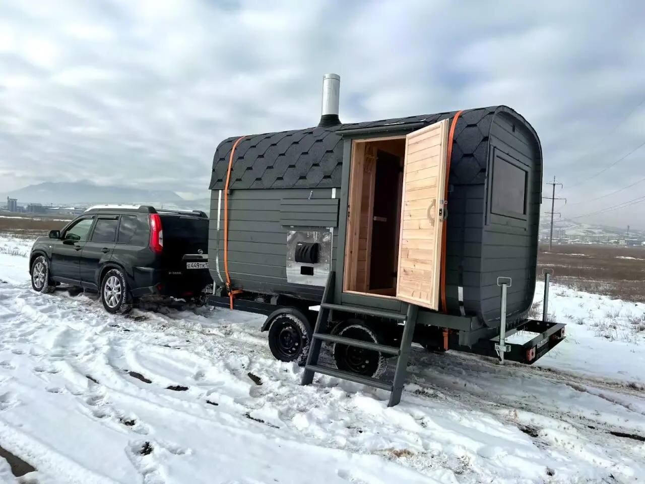 Квадро-баня 4м. "Стандарт плюс" на двухосном прицепе